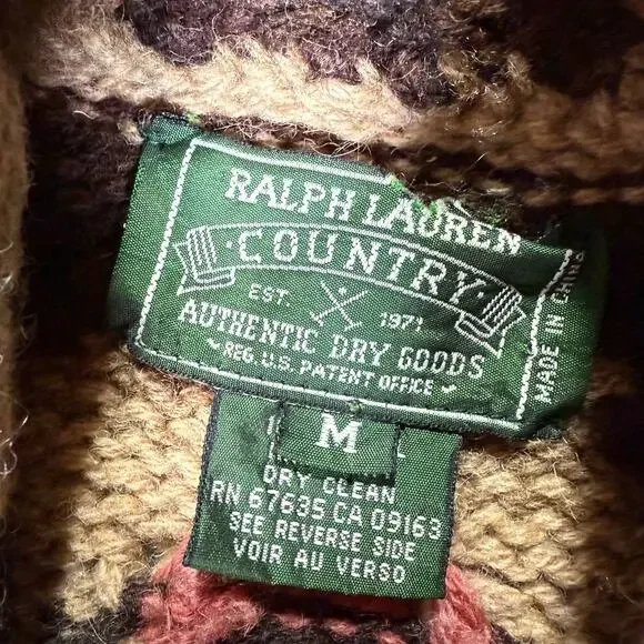 Vintage Ralph Lauren Country Navajo Hand Knit Cardigan Sweater Wool Size M Aztec - Picture 4 of 8